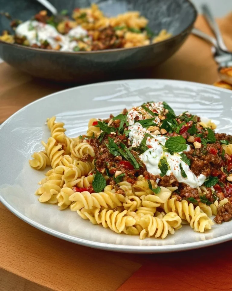 Tuerkische-Pasta-mit-Hackfleischsauce-Knoblauch-Joghurt-Minzbutter-Rezept