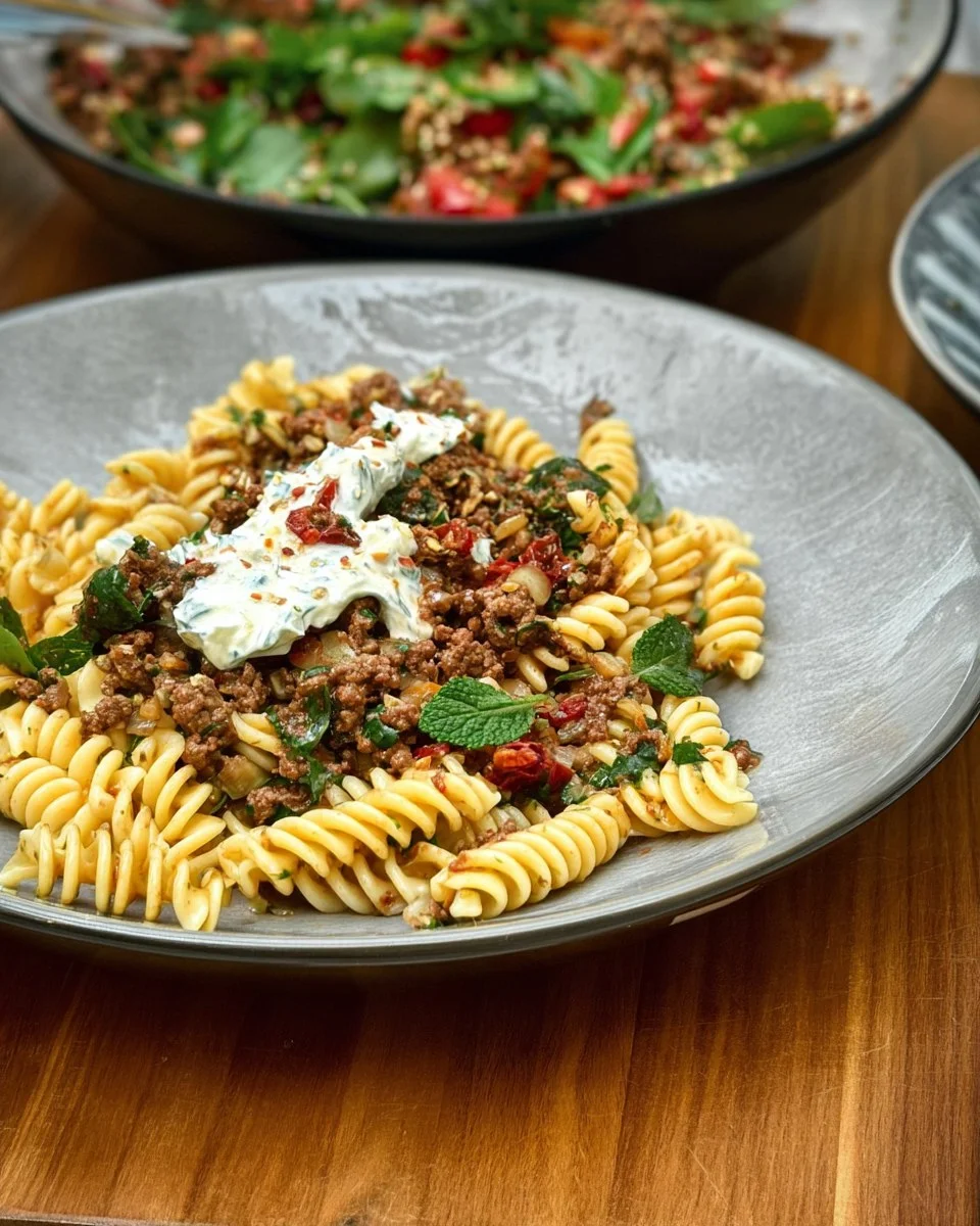 Türkische Pasta mit Hackfleischsauce, Knoblauch-Joghurt & Minzbutter 127 Türkische Pasta mit Hackfleischsauce, Knoblauch-Joghurt & Minzbutter