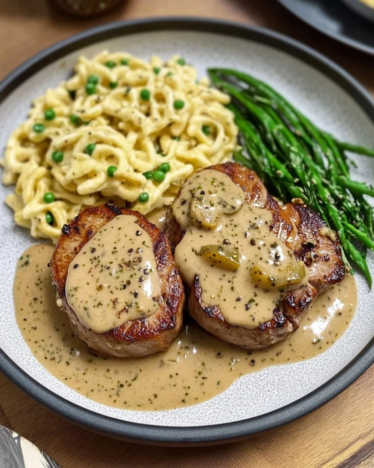 Schweinefilet-Medaillons-mit-Pfefferrahmsauce-und-Spaetzle-Rezept