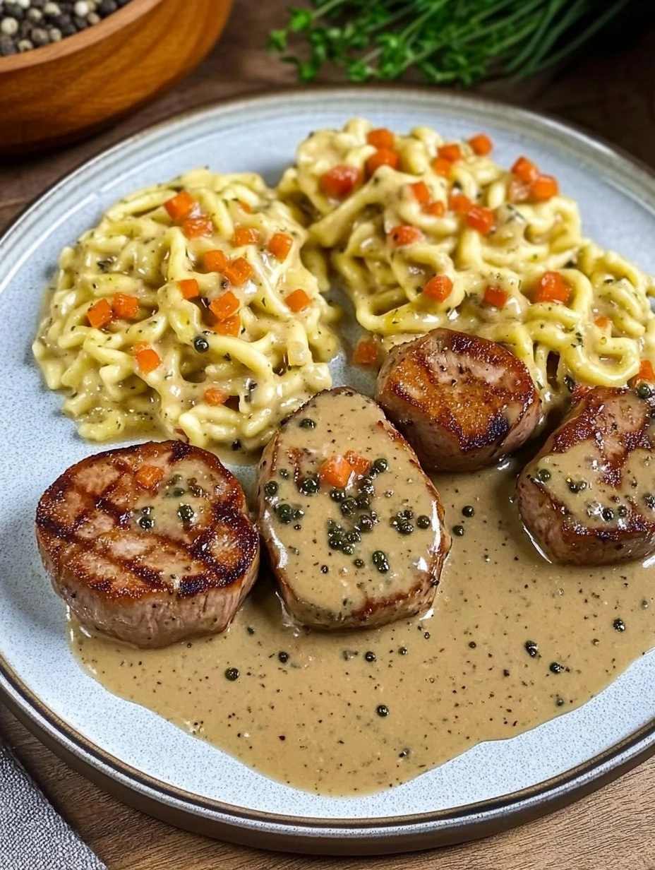 Schweinefilet Medaillons mit Pfefferrahmsauce und Spätzle