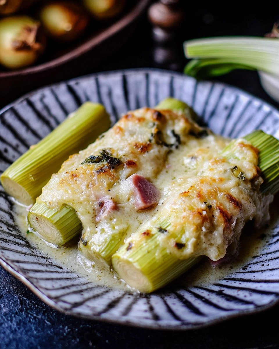 Überbackener Lauch mit Schinken