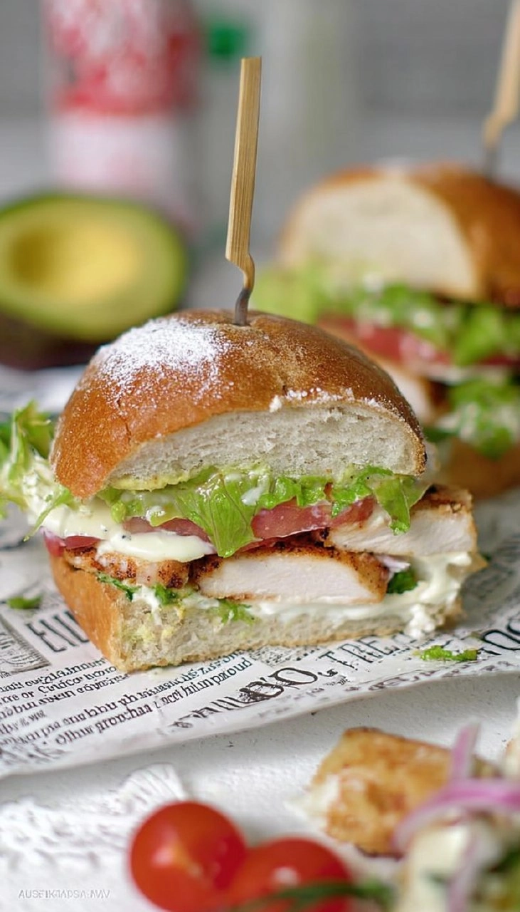 Caesar Chicken Sandwich mit Avocado, Tomate und Mozzarella 120 Caesar Chicken Sandwich mit Avocado, Tomate und Mozzarella