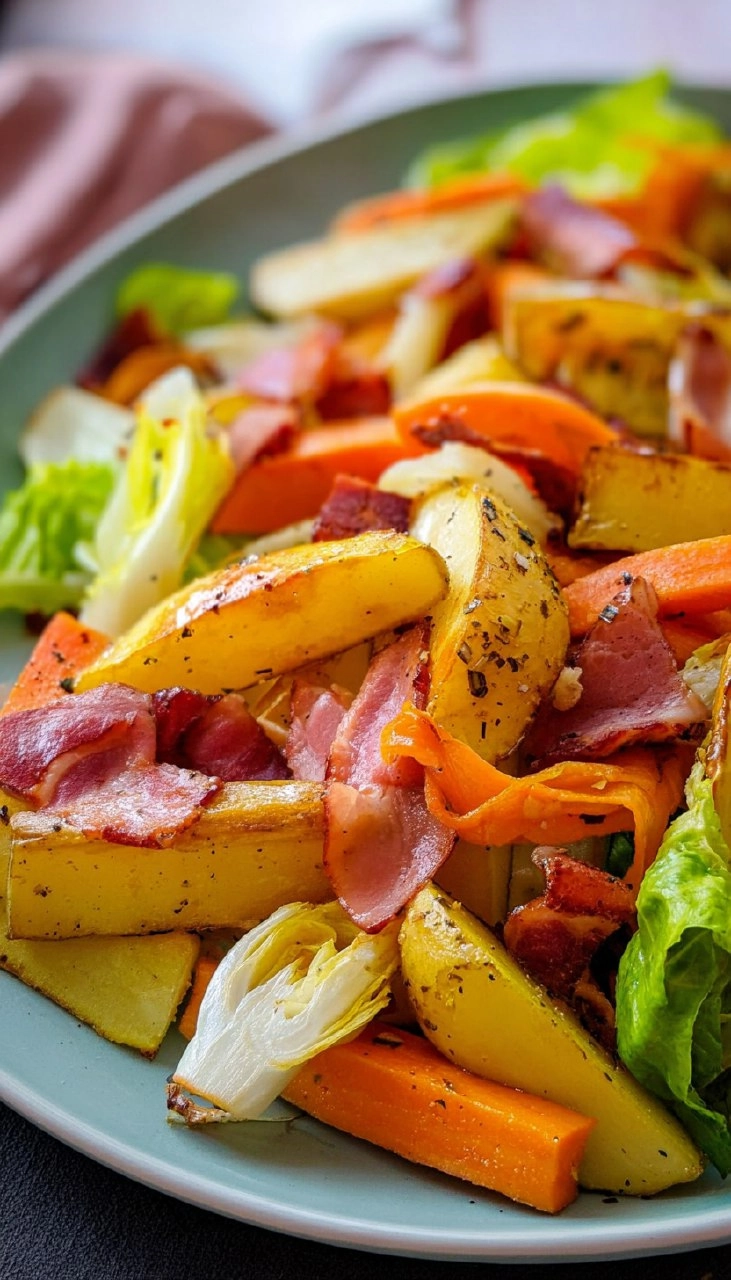 Ofenkartoffeln mit Speck, Endivie, Möhren & Pastinaken