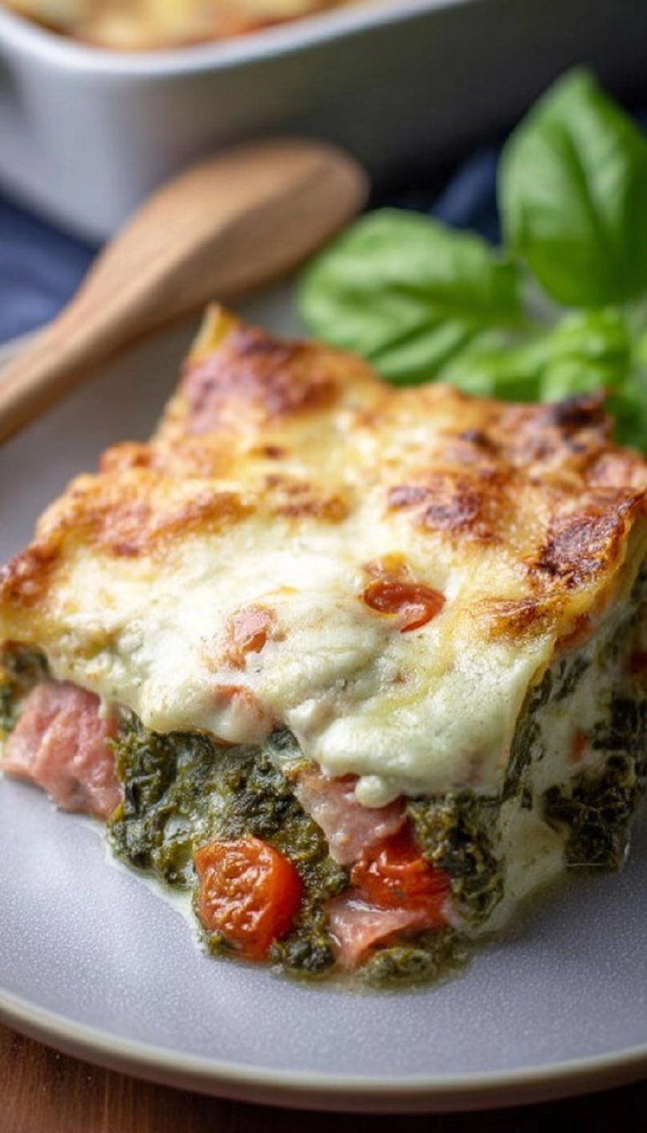 Saftige Spinatlasagne mit Tomaten, Schinken und Béchamelsoße 110 Saftige Spinatlasagne mit Tomaten, Schinken und Béchamelsoße