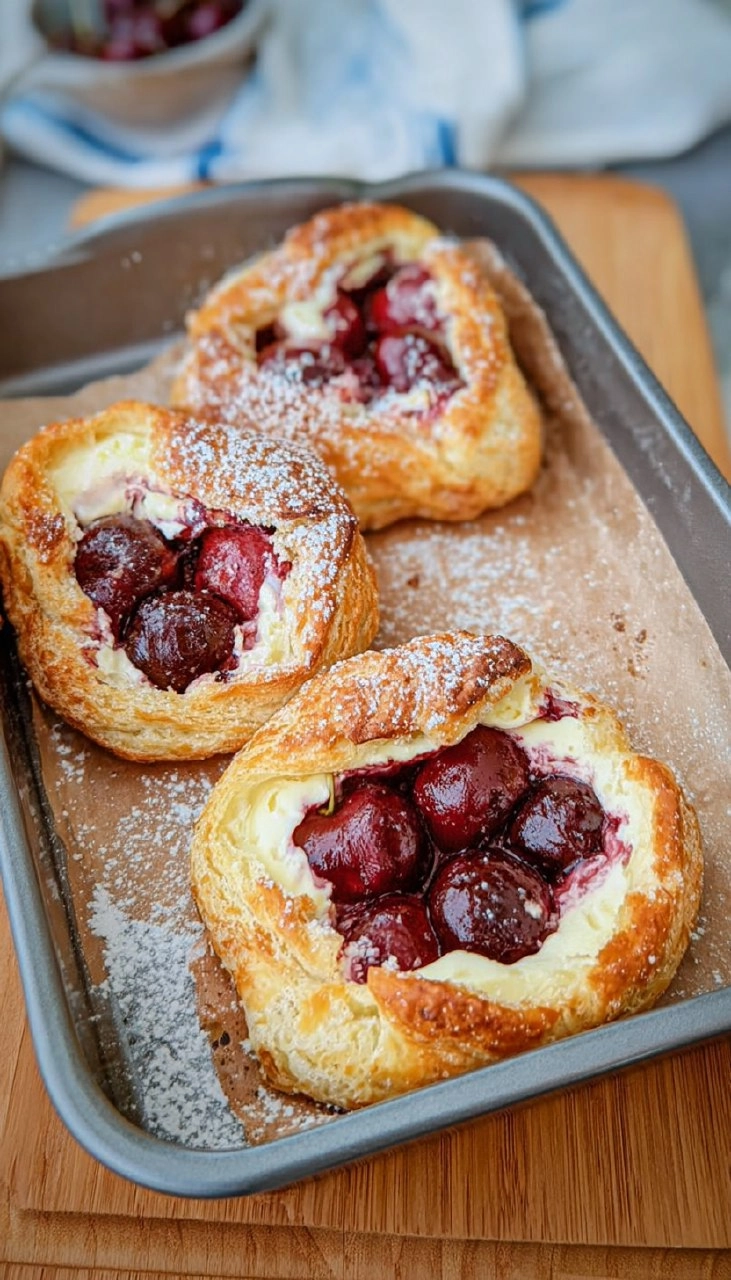 Schnelle Käsekuchen-Blätterteigteilchen mit Kirschen