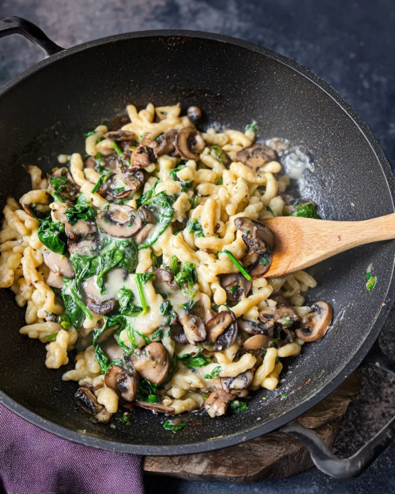 Spaetzle-Pfanne-mit-Champignons-und-Spinat-Rezept
