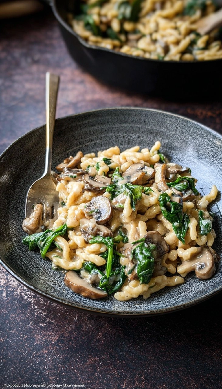 Spätzle-Pfanne mit Champignons und Spinat