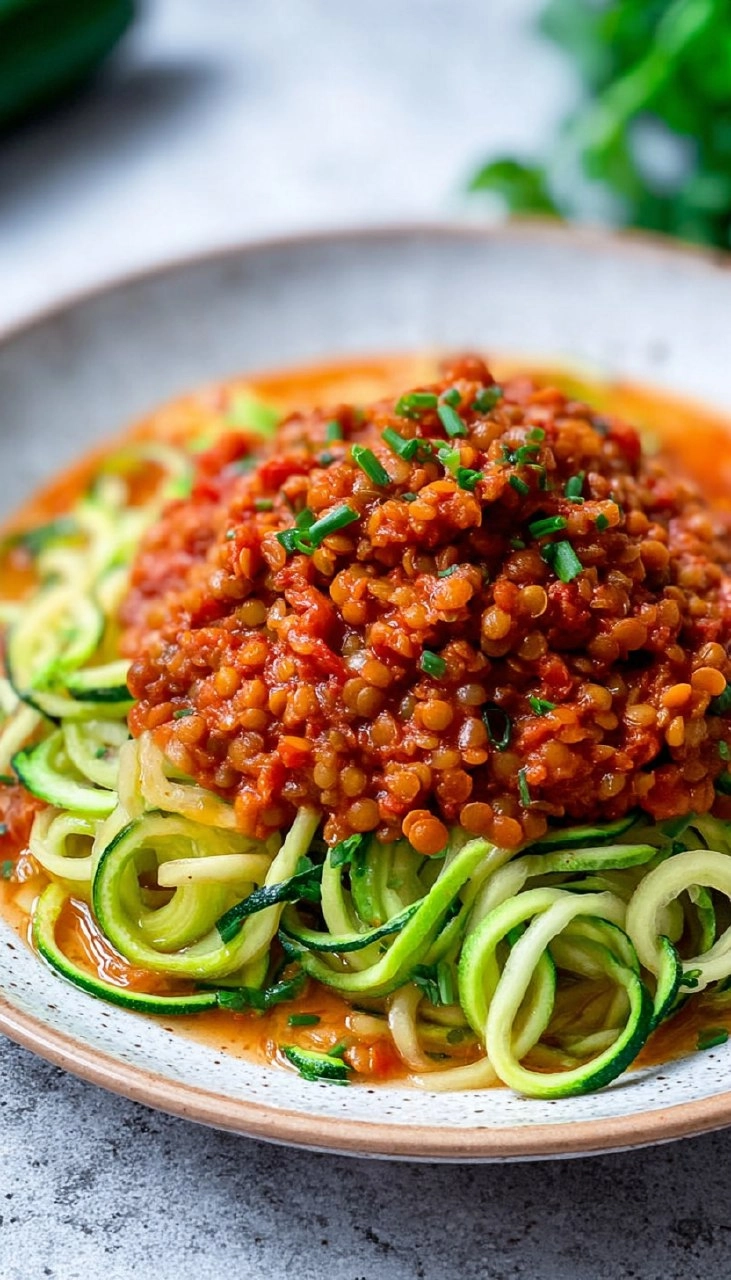 Zucchini-Spaghetti mit Linsenbolognese