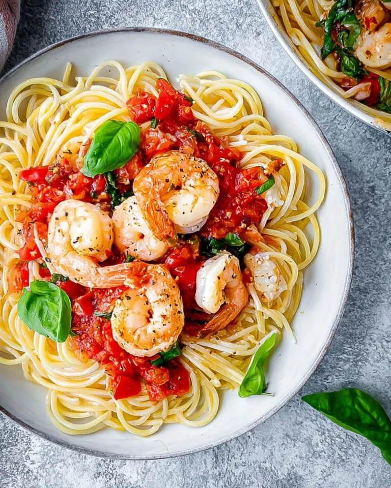 Knoblauch-Garnelen-auf-Spaghetti-mit-Tomatensauce-Rezept