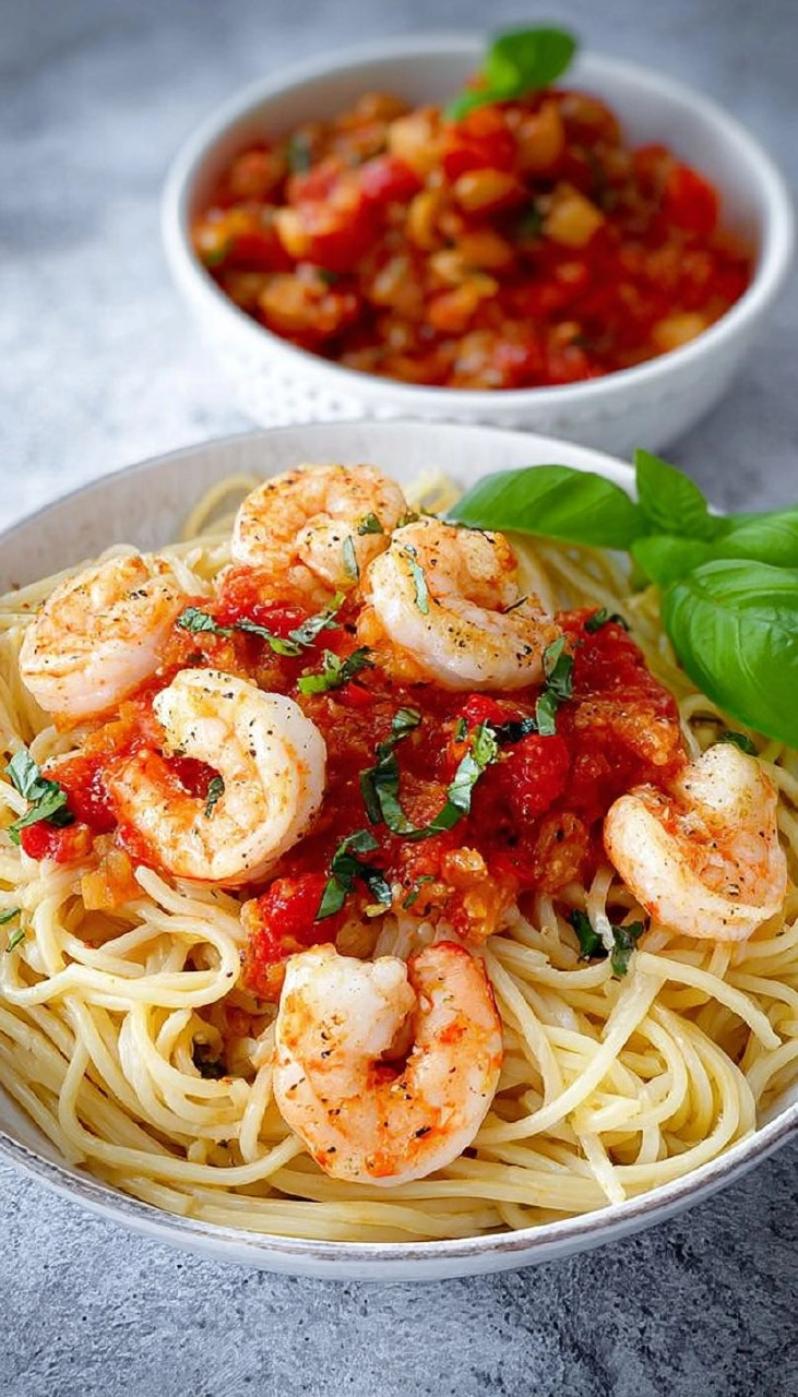 Knoblauch-Garnelen auf Spaghetti mit Tomatensauce 115 Knoblauch-Garnelen auf Spaghetti mit Tomatensauce