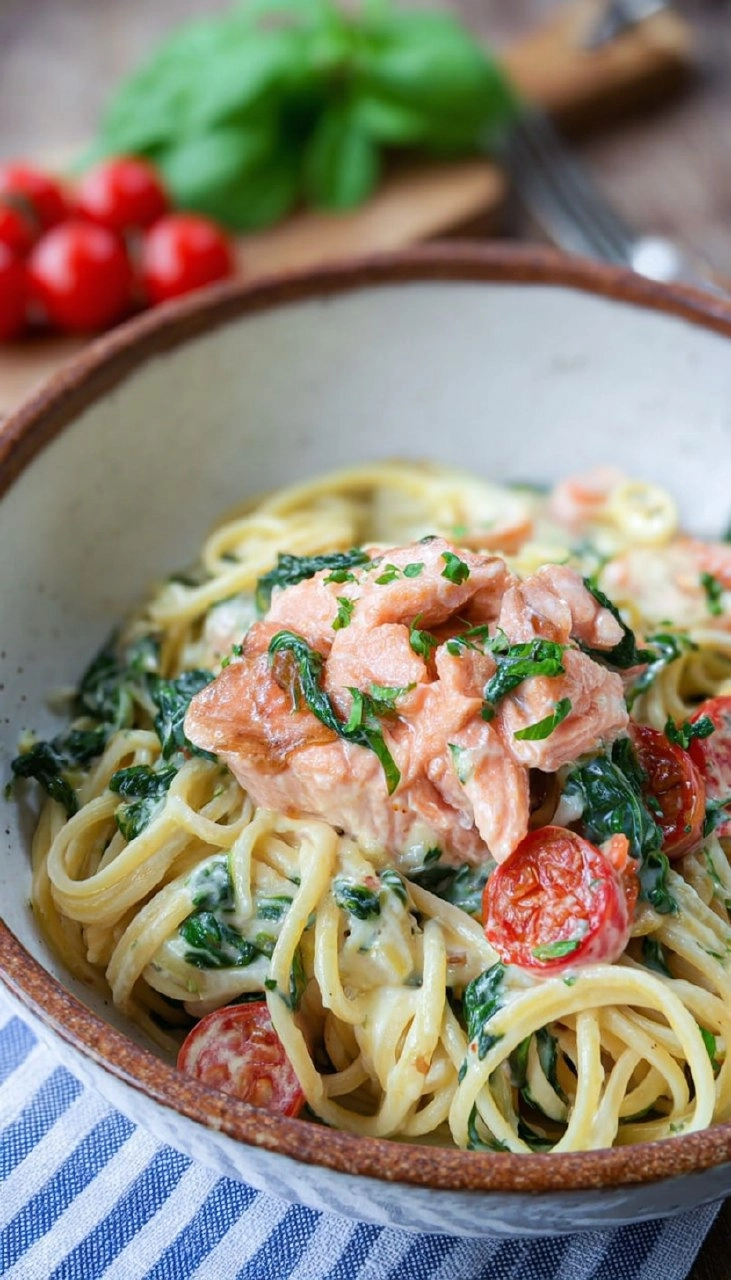 Schnelle Lachs-Spinat-Pasta aus dem Ofen 95 Schnelle Lachs-Spinat-Pasta aus dem Ofen