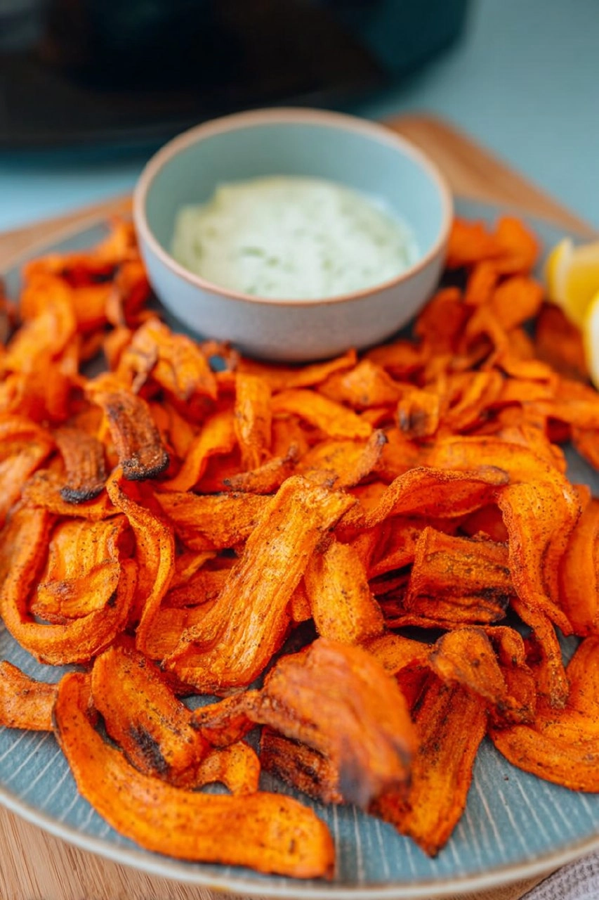 Karottenchips aus dem Airfryer mit cremigem Protein-Dip