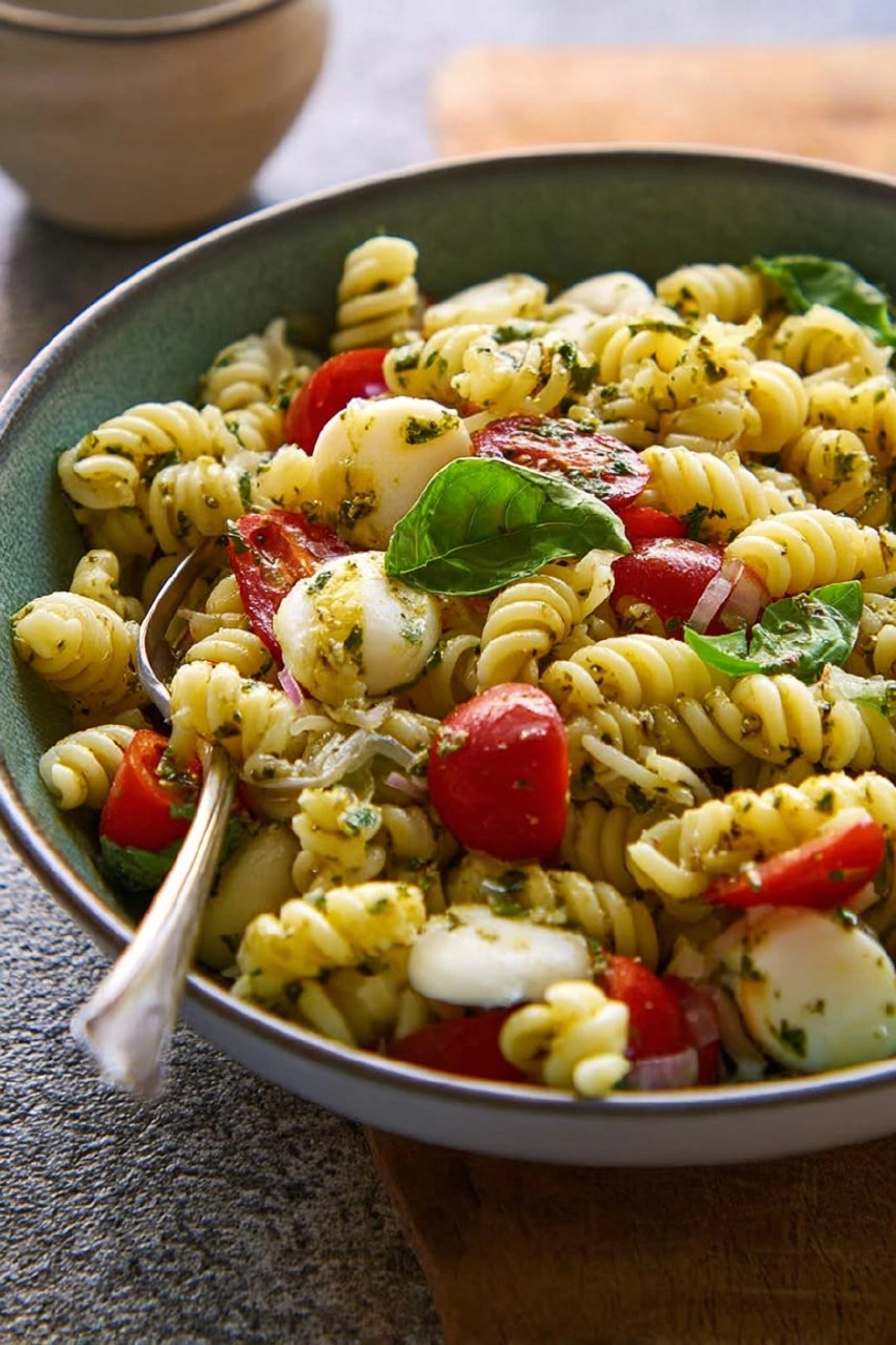 Mediterraner Nudelsalat mit Pesto